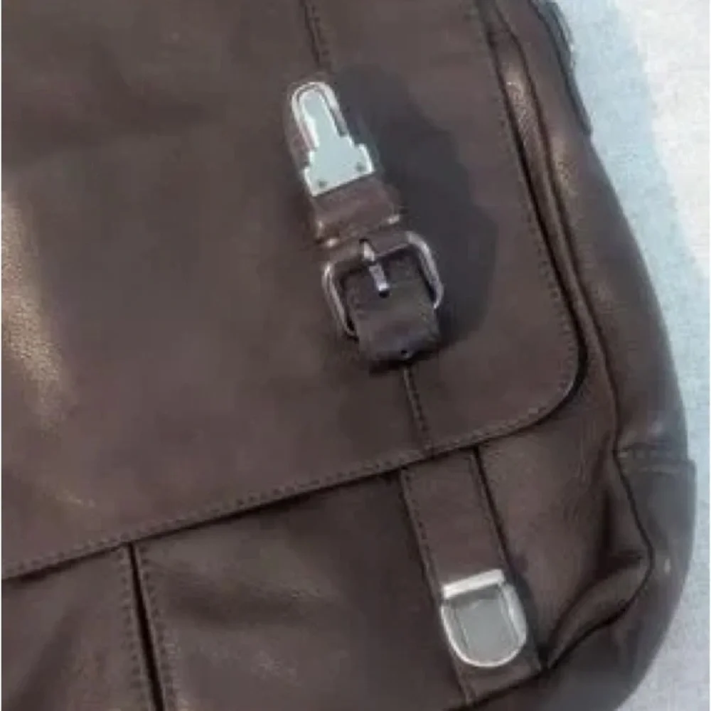 Men's Dark Brown Leather Messenger Satchel with Buckle Accents
